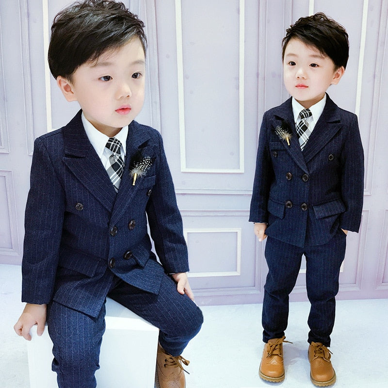 Flower Boys Formal Dress Suit Set Autumn Children Plaid Double Breasted Blazer Pants 2Pcs Clothes Set Kids Wedding Party Costume