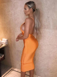 BEAUKEY 2023 Hot Orange Asymmetrical Backless Bandage Dress For Women Party Club Celebrity Midi Slim Vestidos Bodycon Cocktail