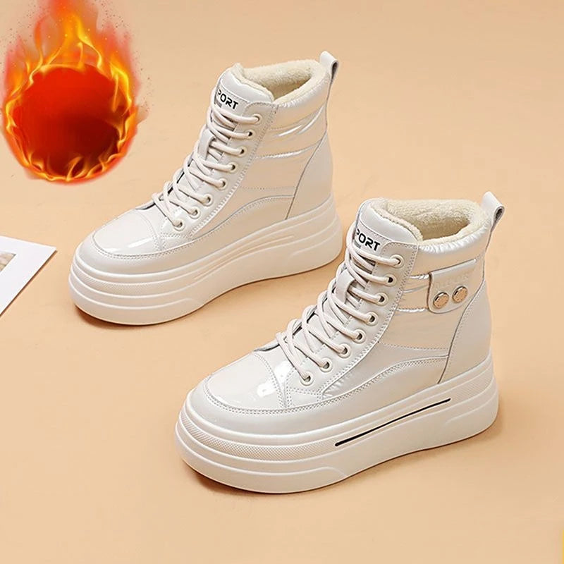 Black Winter 2024 Shoes for Women Leather Boot Snow Boots Woman Chunky Flat Platform Footwear Booties Shoe Warm Low Short Barrel