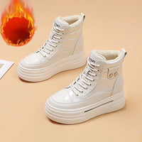 Black Winter 2024 Shoes for Women Leather Boot Snow Boots Woman Chunky Flat Platform Footwear Booties Shoe Warm Low Short Barrel