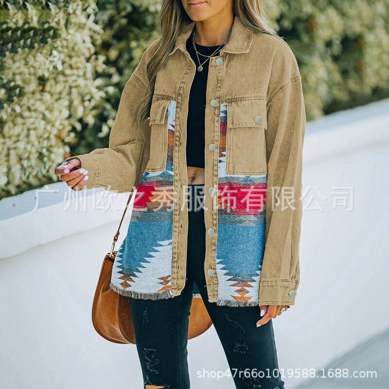 Autumn and Winter New Polo Neck Pocket Denim Panel Wool Coat Women's Vintage Jacket