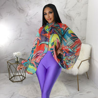 Women Fashion Printed Batwing Long Sleeve Front Split See Though Loose Sexy Party Club Blouse and Shirt Tops