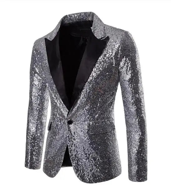 Shiny Sequin Men's Suit Jacket, Stage Performance Coat, White Silver Blue Red Purple Blazers V-neck Single Button S M L XL XXL