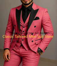 Beige Double Breasted Suit  Black Lapel  Slim Fit Wedding Suit