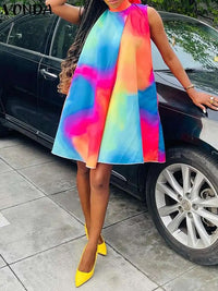 VONDA Sleeveless Tank Dress Women Sexy Summer Mini Sundress 2023 Fashion Bohemian Printed Bandage Casual Loose A-Line Beach Robe