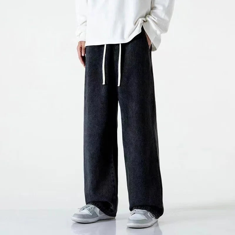 Men Casual Loose Jeans Male Streetwear Fashion Straight Wide Leg Denim Pants Elastic Waist Comfortable Solid Color Gray Trousers