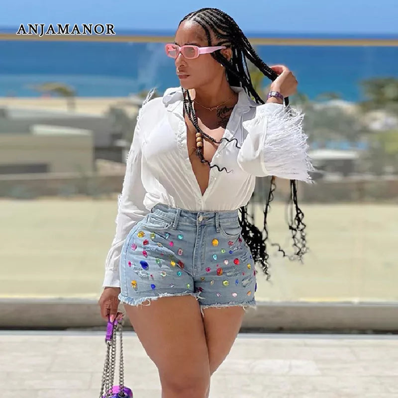 ANJAMANOR Colorful Crystal Denim Booty Shorts Sexy Summer Clothes for Women High Waisted Cute Ripped Jean Shorts D43-DI33