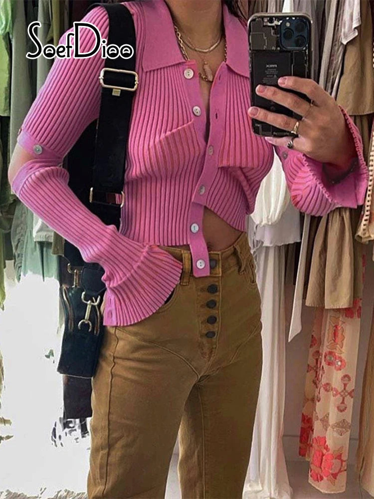 Soefdioo Fashion Design Irregular Detachable Long Sleeve Sweater Fall 2022 Rose Red Knitted Lapel Single Breasted Slim Corp Top