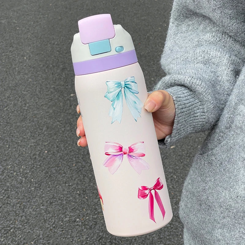 34oz Stylish Stainless Steel Water Bottle - Trendy Floral Two-Tone Design, 24Hr Hot/Cold Insulated, Leakproof Sport Lid & Handle