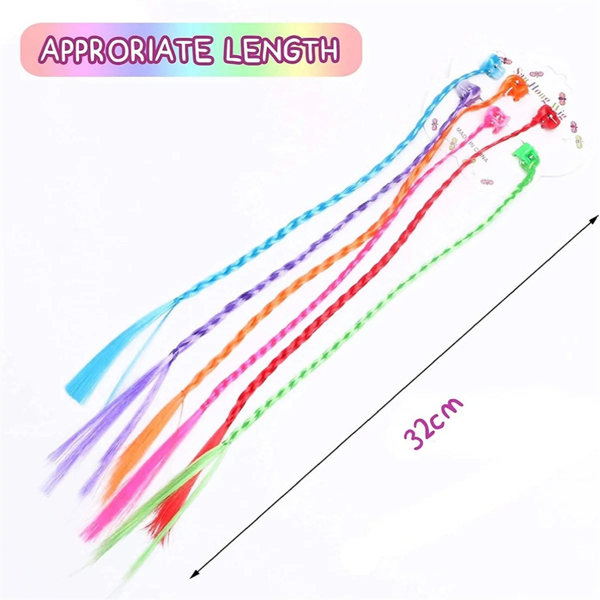 6Pcs/Set Colorful Braids Hair Extensions with Hair Clips Girls Rainbow Braided Ponytail Hairpieces Hair Accessories for Kids