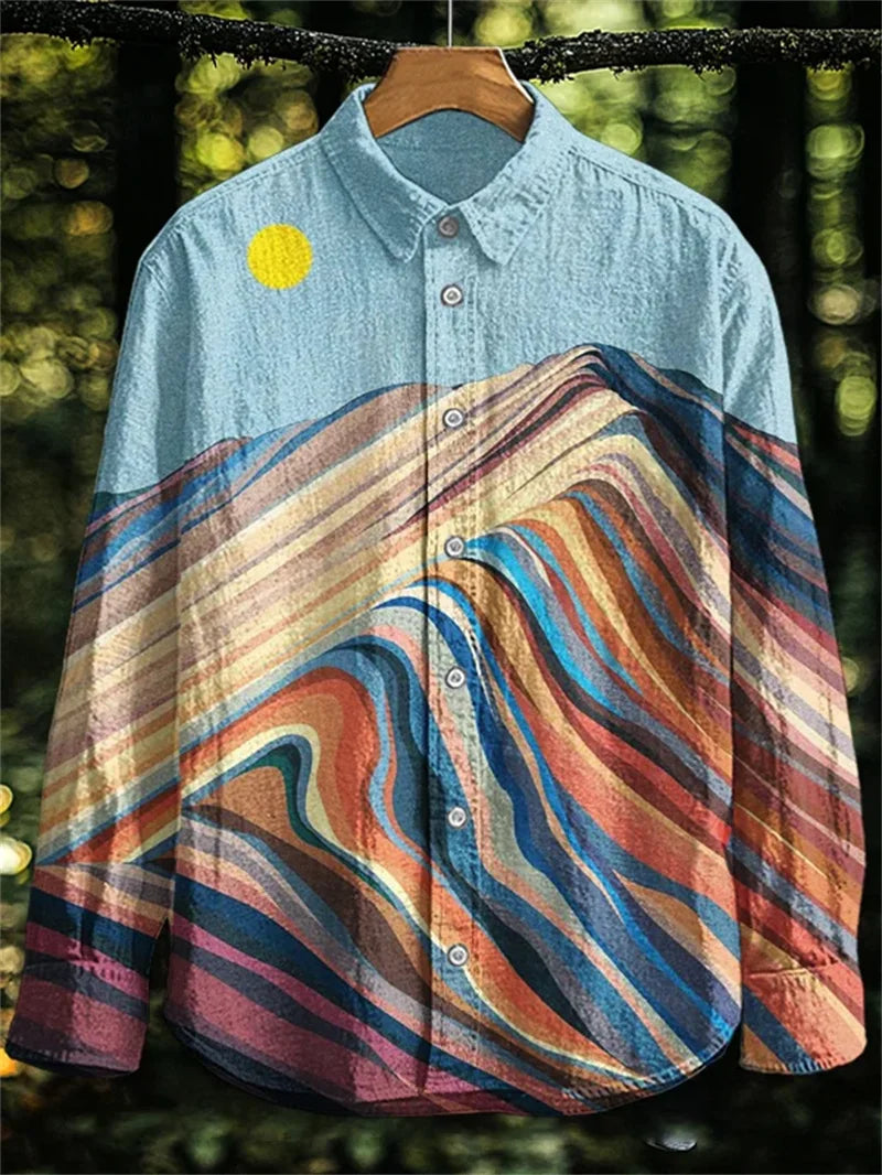 New Vintage Men's Linen Shirt Long Sleeve Chic Top Kitten Pattern Holiday Lapel Collar 3D Wave Printed Shirt Top