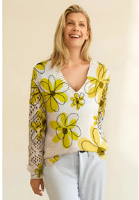 Elegant Bohemian Floral V-neck Long Sleeved Top Fashionable V-neck Pullover Hollow Printed Sweater Pullover 2025 Casual Knitwear