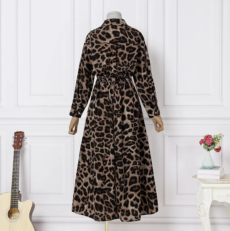 Temperament Summer Dresses for Women 2023 Fashion Leopard Print Long Sleeve Commuter Polo Large Swing long Elegant Dress Clothes