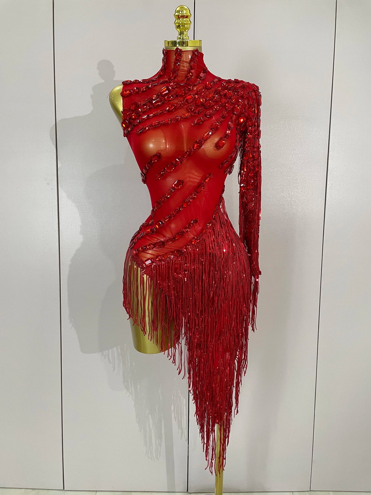 STOCK Sparkly Rhinestones Tassel Sexy See-Through Dress Women One Shoulder Latin Dance Outfits Bar Nightclub Party Stage Costume