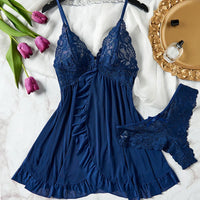 Blue Tulle Suspenders Lace V-Neck Nightdress for Women Lingerie Underwear Transparent Mini Dress Thong Set Nightgowns