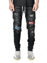 Men Jeans Denim Pants Pencil Pant Slim Fit Hole Print Pockets Straight Trousers Casual Elastic Waist Lace Up Autumn 2024