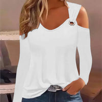 Women's Casual Loose And Minimalist Printed Metal Buckle V-neck Long Sleeved Shirt Tops 2023 Sexy Off Shoulder Blouse Mujer