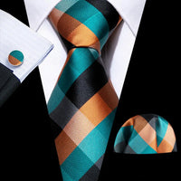Barry.Wang Plaid Silk Men Tie Hanky Cufflinks Set Checked Jacquard Necktie for Male Formal Casual Wedding Business Party Events