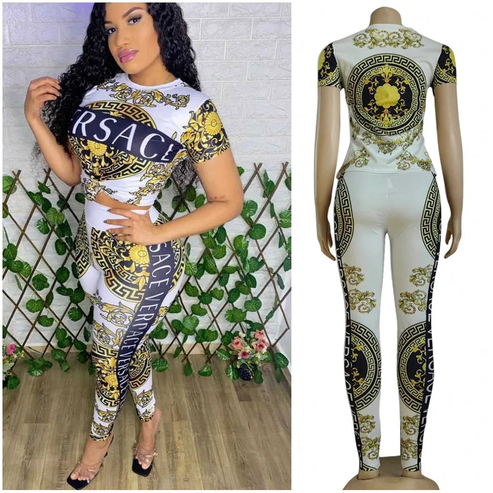 Women Two Piece Sets Slim Fit Hip Lift Suit Luxury Letter Print Neck Short Sleeve T-Shirt Crop Top Pencil Pants Tracksuit Juicy