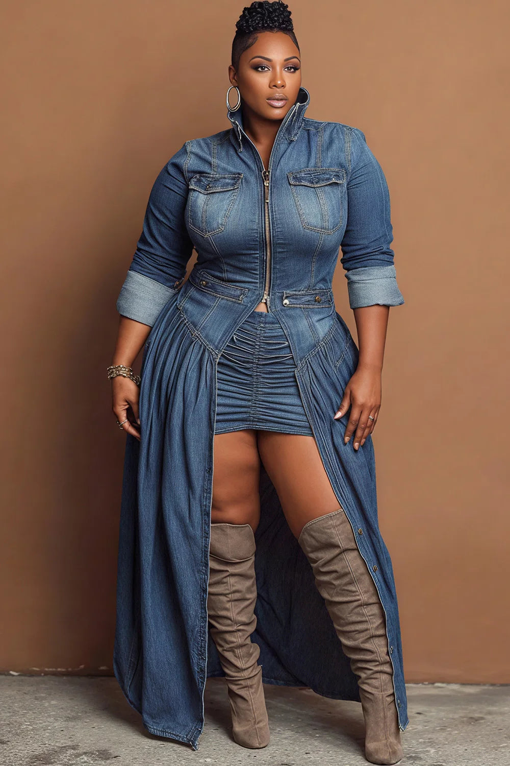 Plus Size Festival Blue High Collar Long Sleeve Split Casual Zipper Denim Coat