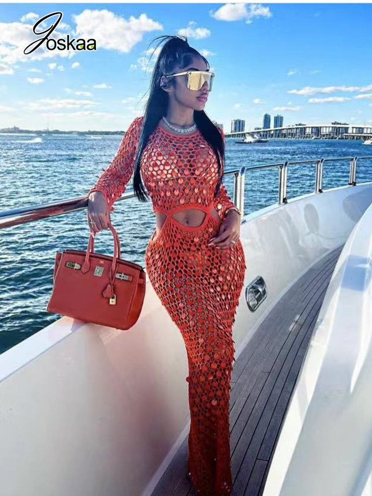 Joskaa Fishnet Knitting Hollow Sequins Maxi Dress Sexy See Through Holiday Long Sleeve Slim Summer 2023 Vacation Beach Dresses