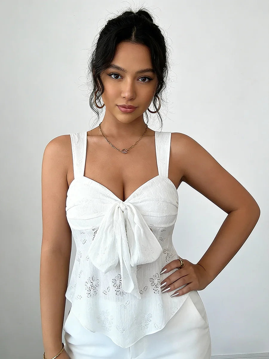 Women's Camisole Wide Strap V Neck Bow Front Eyelet Lace Fitted Tops Sweet Camisole Spring Summer Chic Camisole Daily Light Tops