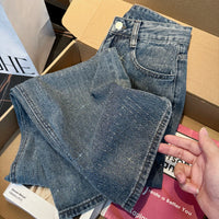 Women's Jeans Spring Retro Washed Diamond-encrusted Design Sense High-waisted Straight-leg Pants Loose Wide-leg Mopping Pants