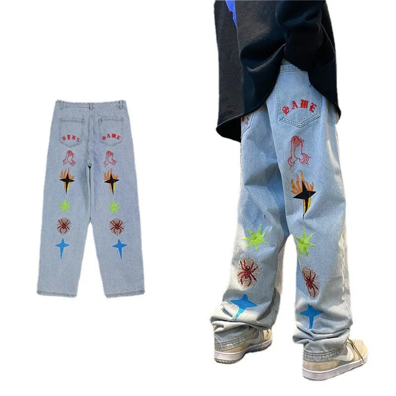 New Women's Jeans Neutral Wide Leg Denim Trousers Loose Straight Luxury Jeans Youth Street Casual Cross Embroidery Hip Hop Pants