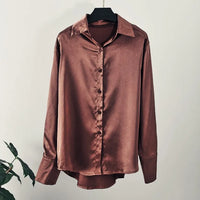 Fashion Long Sleeve Satin Women Shirts Office Lady Elegant Loose Silk Blouses Button Up Tops