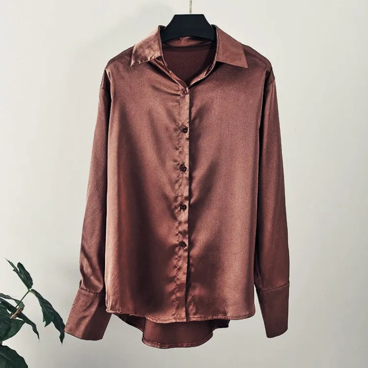 Fashion Long Sleeve Satin Women Shirts Office Lady Elegant Loose Silk Blouses Button Up Tops