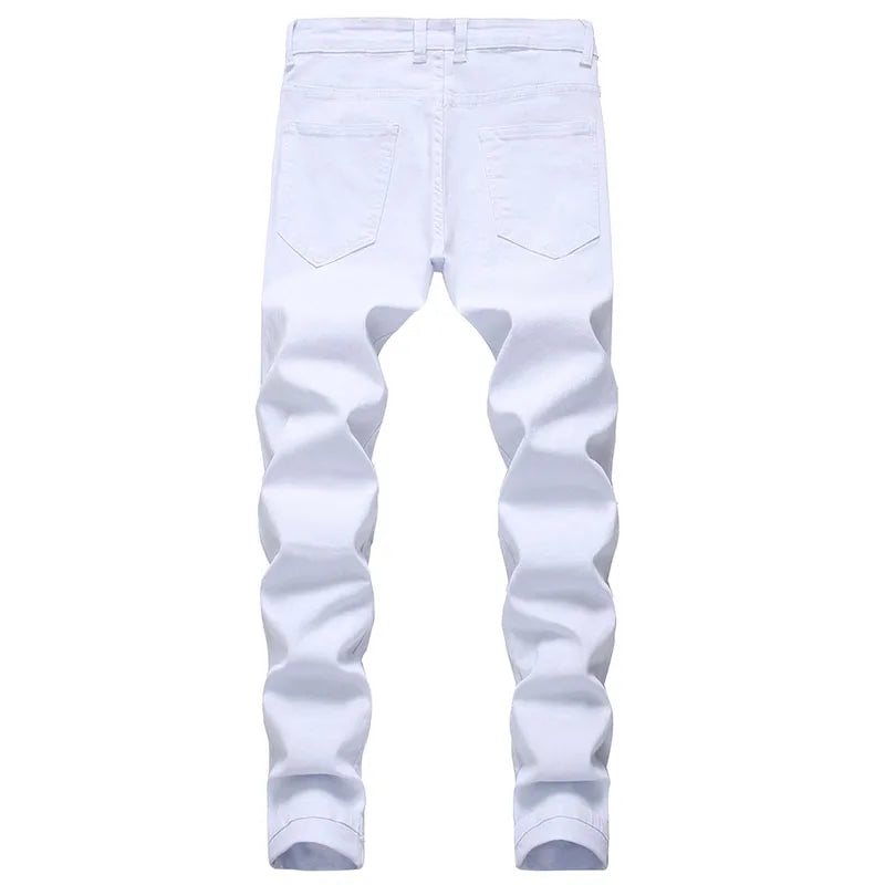 Fashion Designer  Casual White Black Ripped Jeans For Men Straight Slim Fit Stretch Denim Pants Man Jogging Trousers Large Size