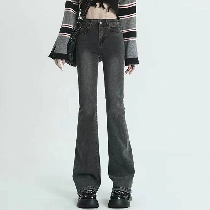 Summer Flared Jeans Women Cotton Vintage Blue Denim Pants Streetwear Elastic High Waist Slim Harajuku Trousers