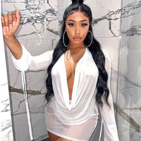 Sexy Mesh Deep V Elastic Dress Halter Elegant Chic Vintage Mini Dresses Long Sleeve Party Club See Through Bodycon Women's Night