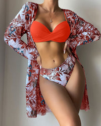 Floral Print Bikini Set Women Low Waist Twist Swimsuit Long Sleeve Cover Up Three Pieces 2023 Summer Beach Bathing Suit Swimwear