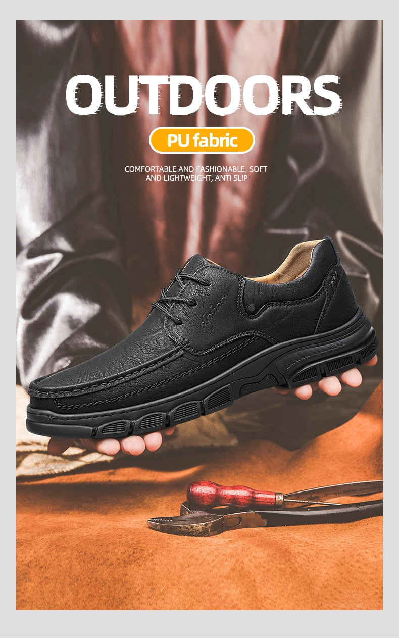 CLOHOO Men's Handmade Thick Rubber Bottom Breathable Casual Leather Shoes Classic Sewn Loafers Comfortable Leisure Footwear