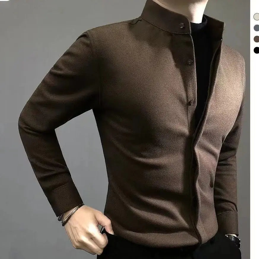 Business Casual Men Shirts Spring Autumn New Solid Lapel Covered Button Korean Streetwear Fashion Office Social Long Sleeve Tops