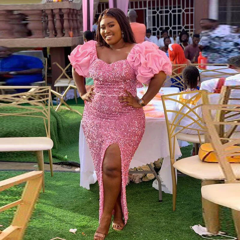 Sequined Shiny Aso Ebi Mermaid Prom Dressess High Side Split Plus Size Evening Dress Formal Party Gowns With Puffy Short Sleeves