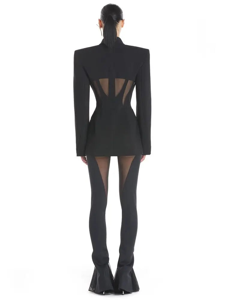 HIGH STREET Newest 2024 Designer Blazer Suit Women's Perspective Gauze Patchwork Blazer Pencil Pants