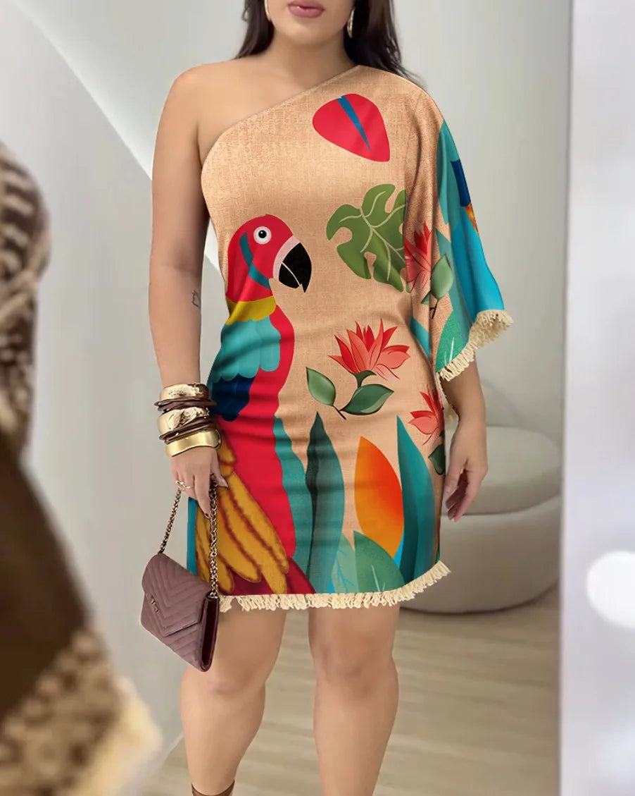 2025 Summer Women's Clothing New Tassel 3d Pattern Asymmetric Dress Sexy Slanted Collar National Style Casual Print Mini Dresses