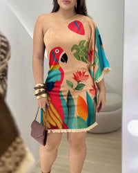 2025 Summer Women's Clothing New Tassel 3d Pattern Asymmetric Dress Sexy Slanted Collar National Style Casual Print Mini Dresses