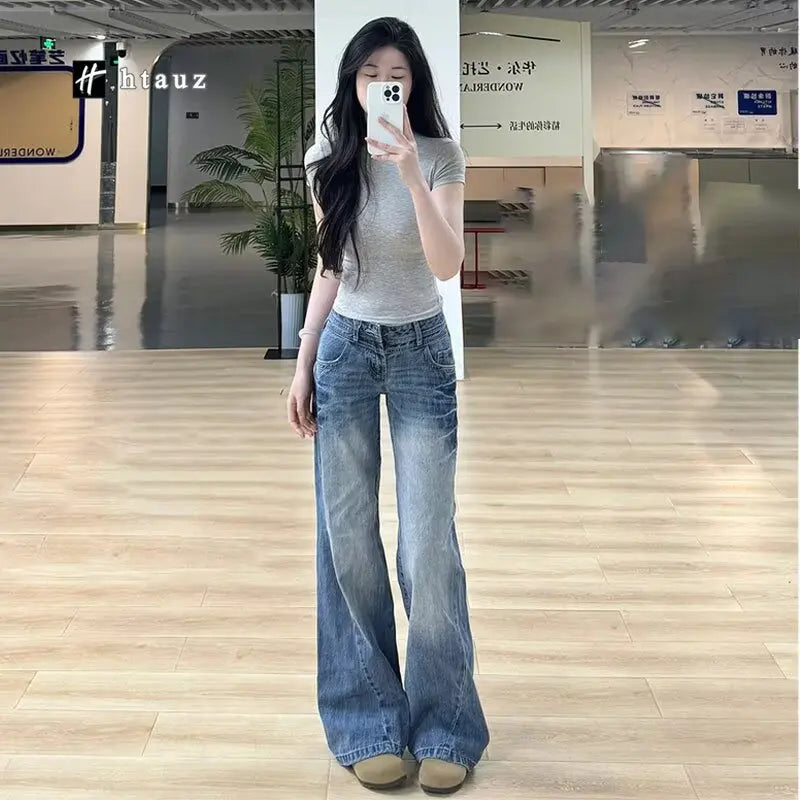 Womens Straight Jeans Leisure Comfortable Wide Leg Pants Solid Color Casual Trousers European American Trendy Bell-bottom pants