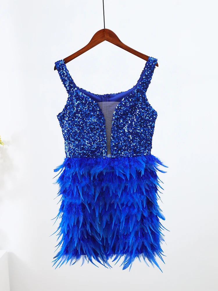 Sexy Sequins Feather Spliced Women Party Dresses 2022 Fall Sleeveless Backless Slash Neck Mini Dress Female Evening Club \