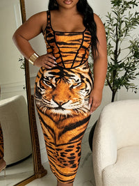 Plus Size Women's Dress Square Neck Spaghetti Strap Tiger Print Corset Bodycon Midi Dress Wild Sexy Spring Summer Party Stretchy