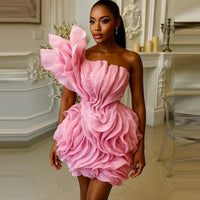 Asymmetric Mesh Ruffle Mini Cocktail Dress One Shoulder Chiffon Beaded Summer Party Dress Puffy Tiered Floral Short Prom Gowns