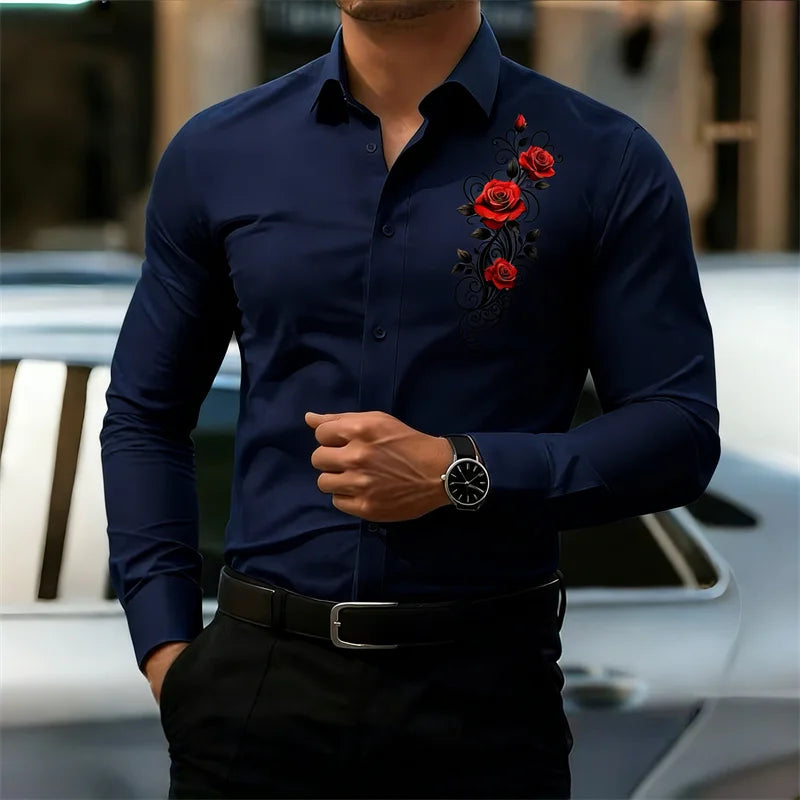 Men's long-sleeved shirt, featuring a vintage red rose print design.  A stylish business casual shirt and fashionable men's top.