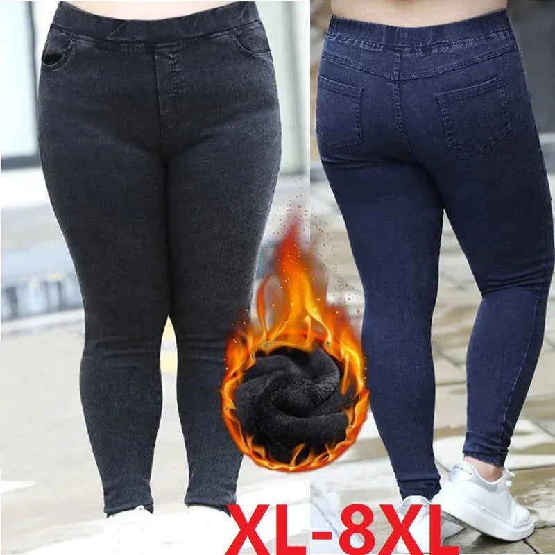 Women Jeans 2022 New Autumn Trousers High-Waist Elasticity leggings Velvet Warm Winter Denim Pants Female Long Pants 6XL 7XL 8XL