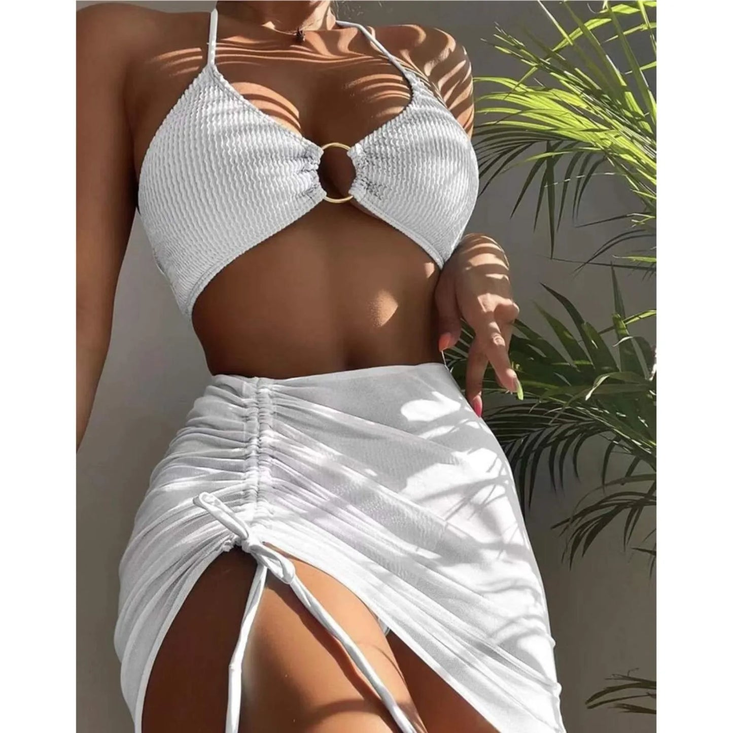 Women 3 Pieces Swimsuits Halter High Waist Push Up Ring Bikini Set Sexy See Through Cover Up Skirt 2023 Fashion Bathing Suits