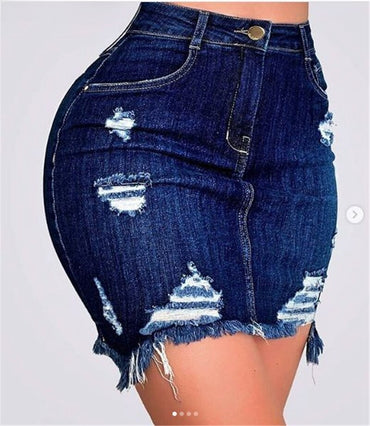 Sexy Women Fashion Denim Skirt Ripped Hip Distressed High Waist Button Denim Pencil Skirts