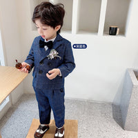 Flower Boys Formal Dress Suit Set Autumn Children Plaid Double Breasted Blazer Pants 2Pcs Clothes Set Kids Wedding Party Costume