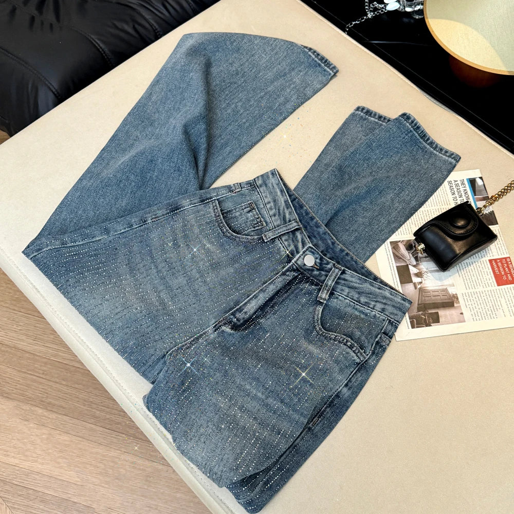 Women's Jeans Spring Retro Washed Diamond-encrusted Design Sense High-waisted Straight-leg Pants Loose Wide-leg Mopping Pants